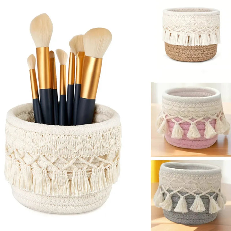 paniers rangement boho macramé franges brosses pinceaux cosmétiques toile réutilisable