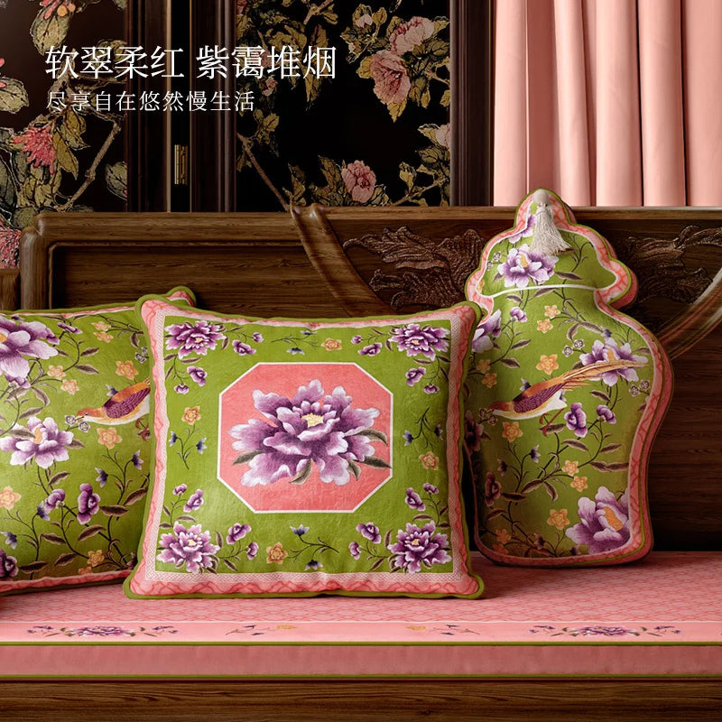 coussin carré velours fleur peony oiseau classique vert rose violet blanc