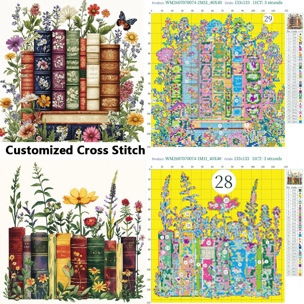 kit broderie personnalisable fleurs livres papillons tissu aida multicolore instructions outils fil aiguille ciseaux