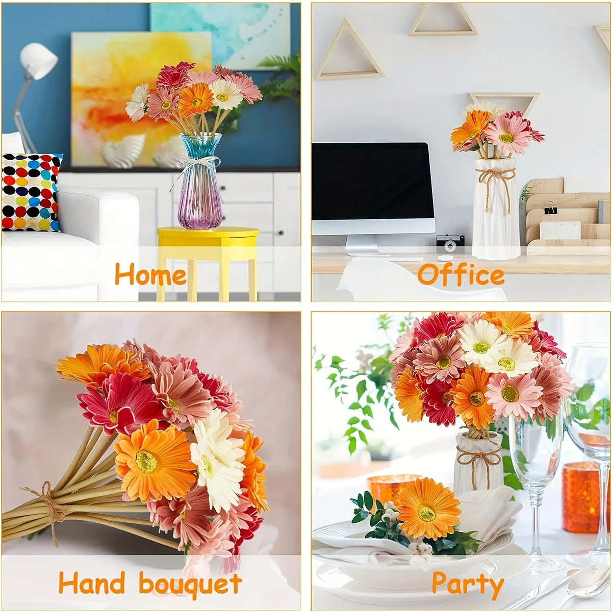fleurs artificielles gerberas orange rose blanc moderne décoration intérieure vase ruban