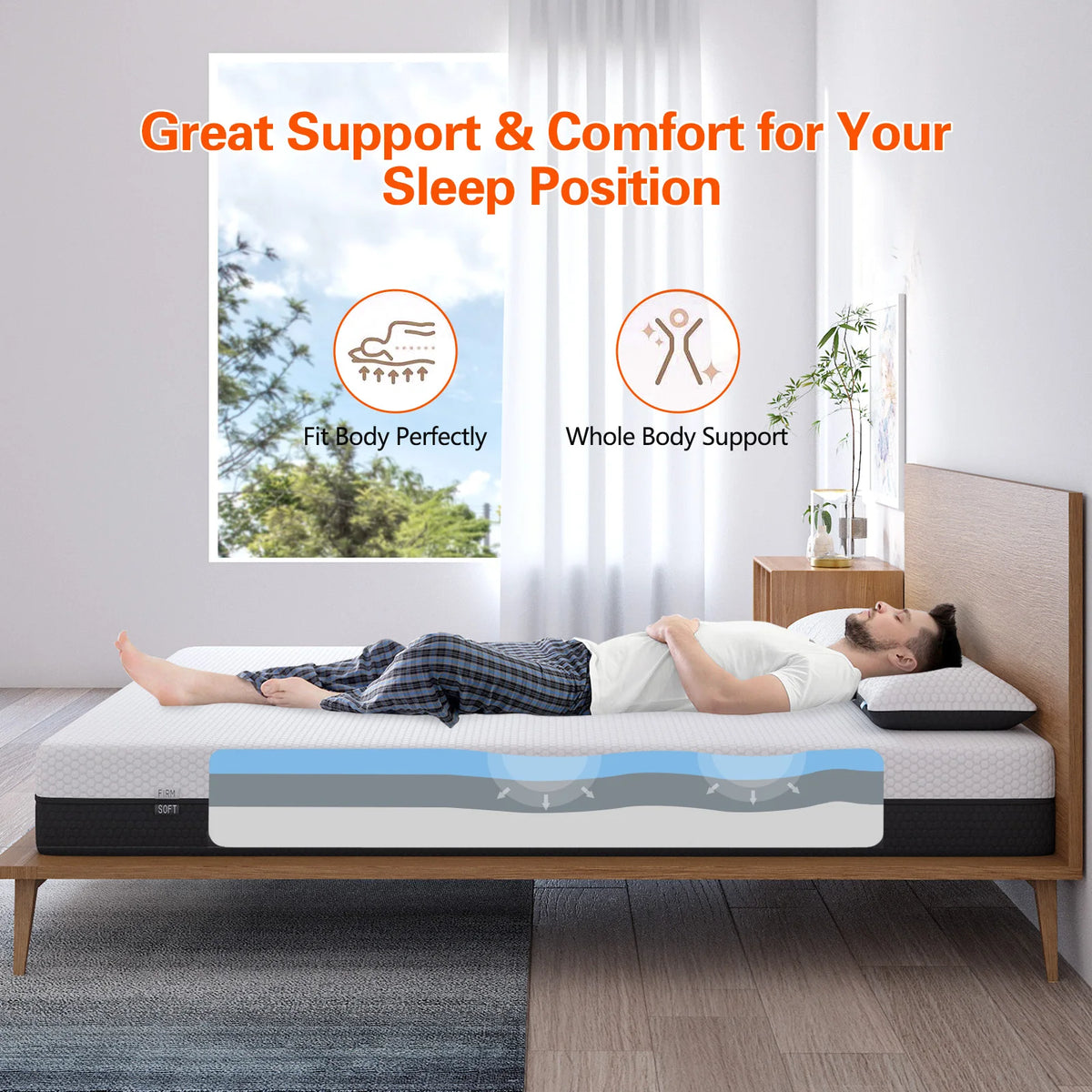 matelas mémoire forme gel double king single queen oreillers blancs texture moderne chambre blanc