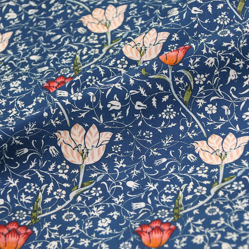 tissu coton imprimé floral motifs fruits pommes citrons couleurs vives noir bleu turquoise orange
