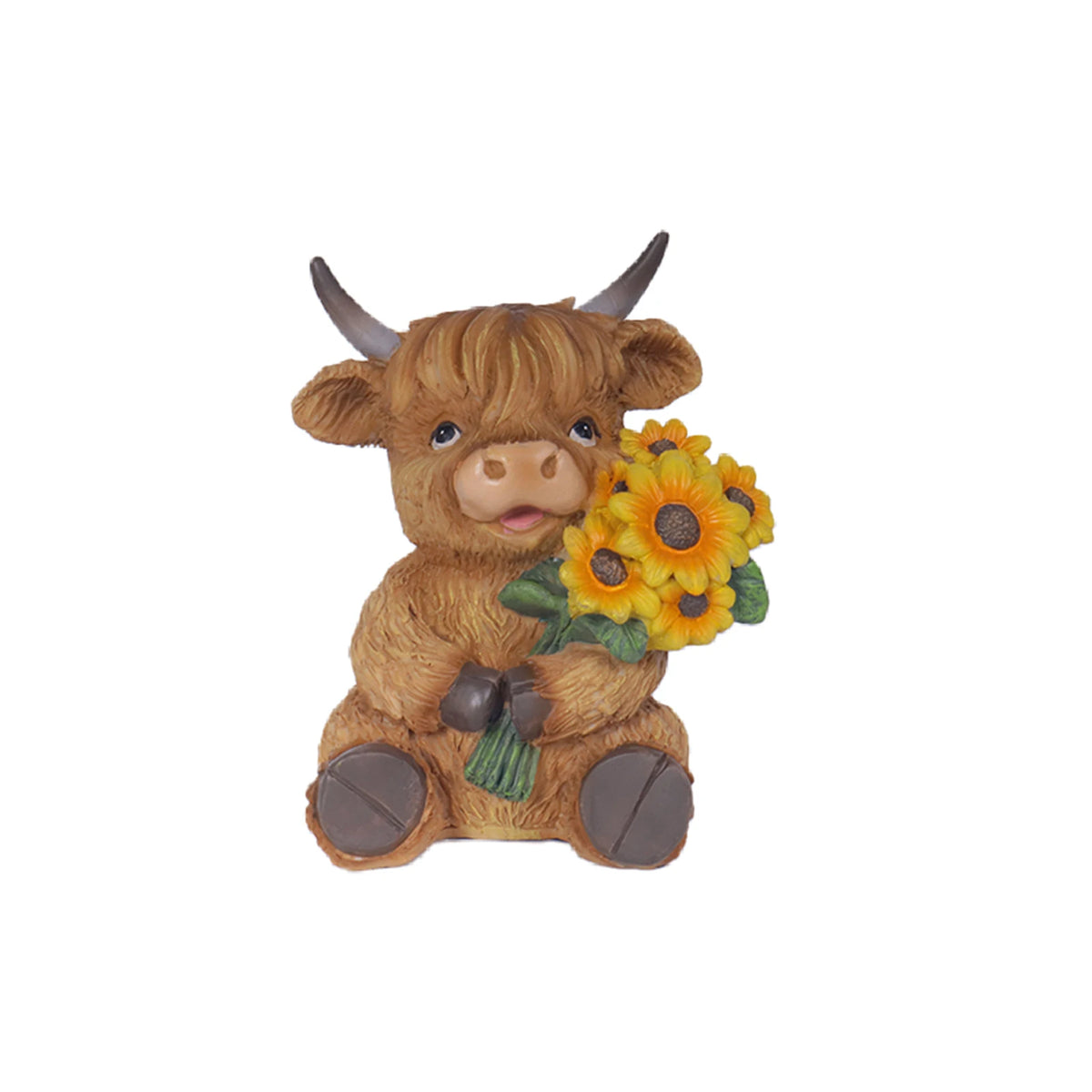 statue vache highland résine bienvenue fleurs tournesols oiseau bleu rustique extérieur jardin decoration