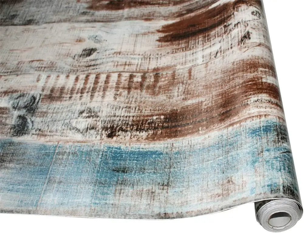 papier peint autocollant imitation bois vieilli moderne rustique vintage bleu gris brun opaquerollable muettedecoration