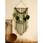 décoration murale macramé feuilles vertes bohème nature barre bois suspension triangles