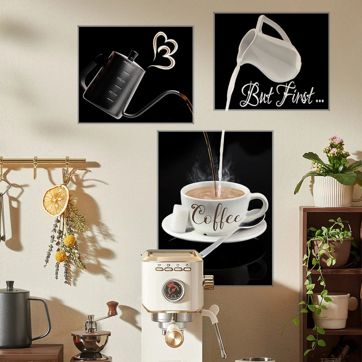 affiches murales autocollantes moderne illustration but first coffee tasse cuillère cœur minimaliste