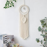 décoration murale attrape rêves bohème crème blanc cassé franges tressage métal argenté ethnique suspension