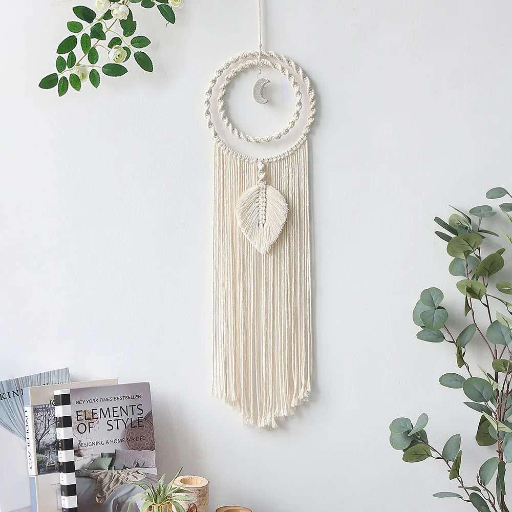 décoration murale attrape rêves bohème crème blanc cassé franges tressage métal argenté ethnique suspension