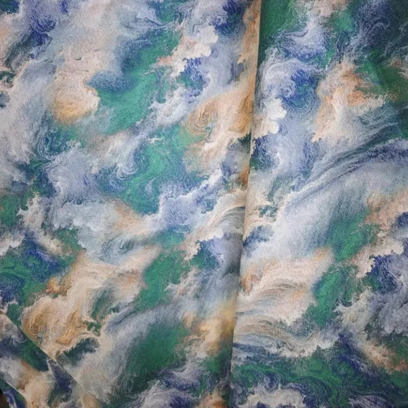 tissu polyester marbré vert bleu beige moderne artistique 150cm large opacité 230g/mètre respirant
