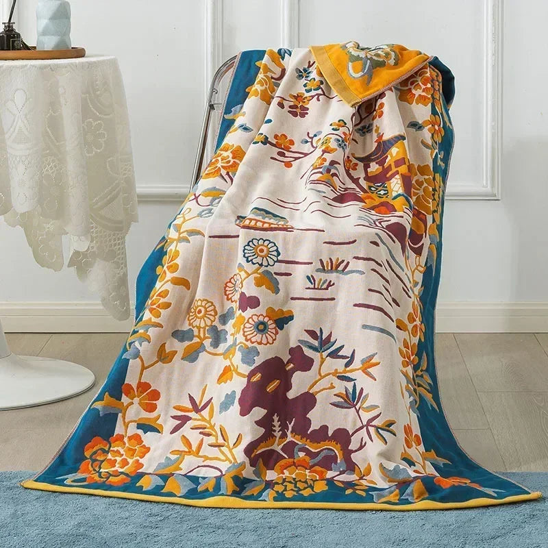 couverture bain coton fleur bleue jaune rapide absorbante machine ethnique traditionnelle