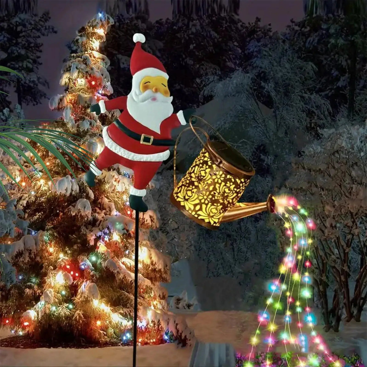 décoration noël père noël arrosoir lumineux rouge blanc doré festive extérieure jardin métal fixe