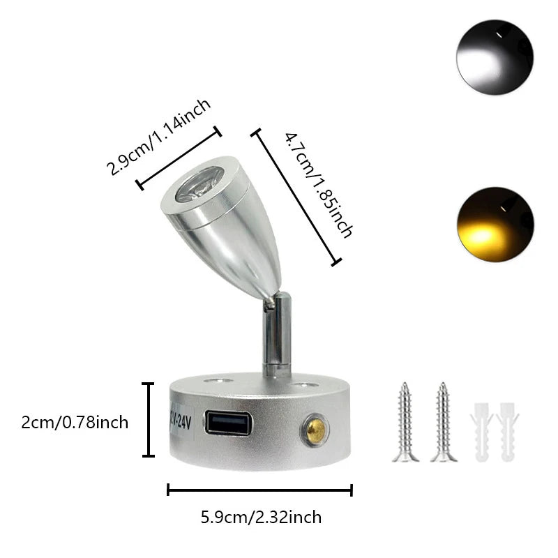 lampe lecture led argentée moderne fixée mur éclairage usb 12v 24v tactile variante intensity
