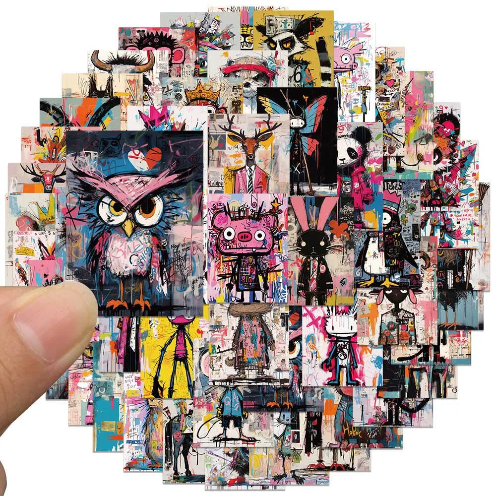 autocollants animaux multicolores pop art réutilisables 50 pièces vinyle imperméables porte carte téléphone ordinateur