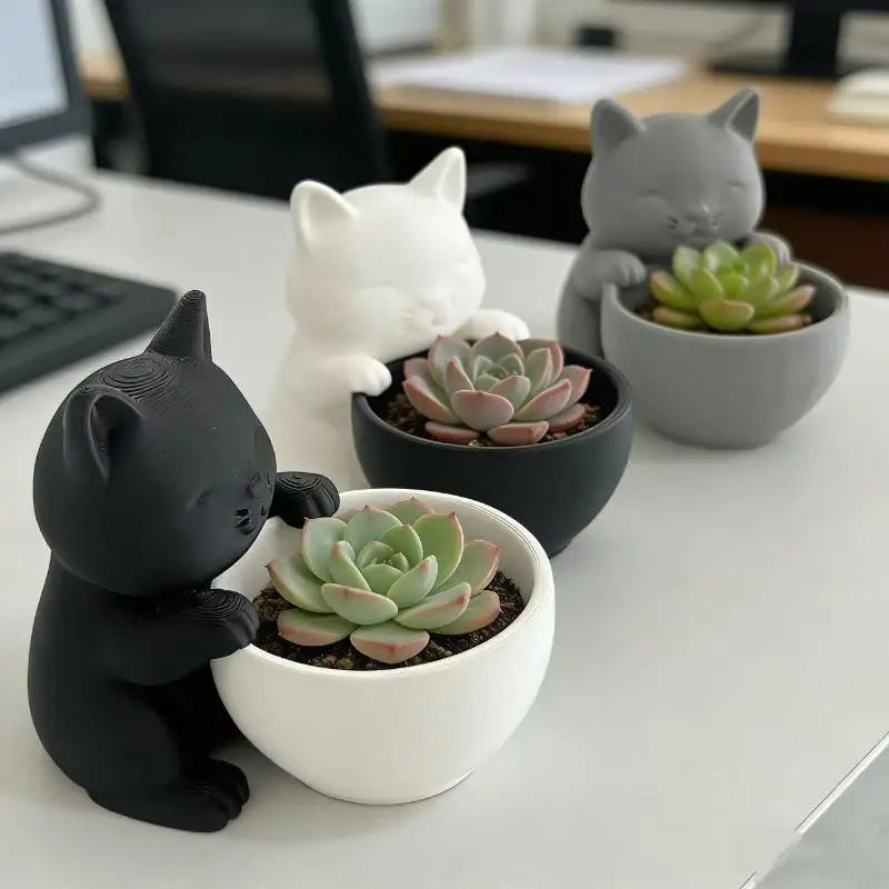 cache pot forme chat texture cuir moderne noir blanc gris drainage succulentes cactus chambre