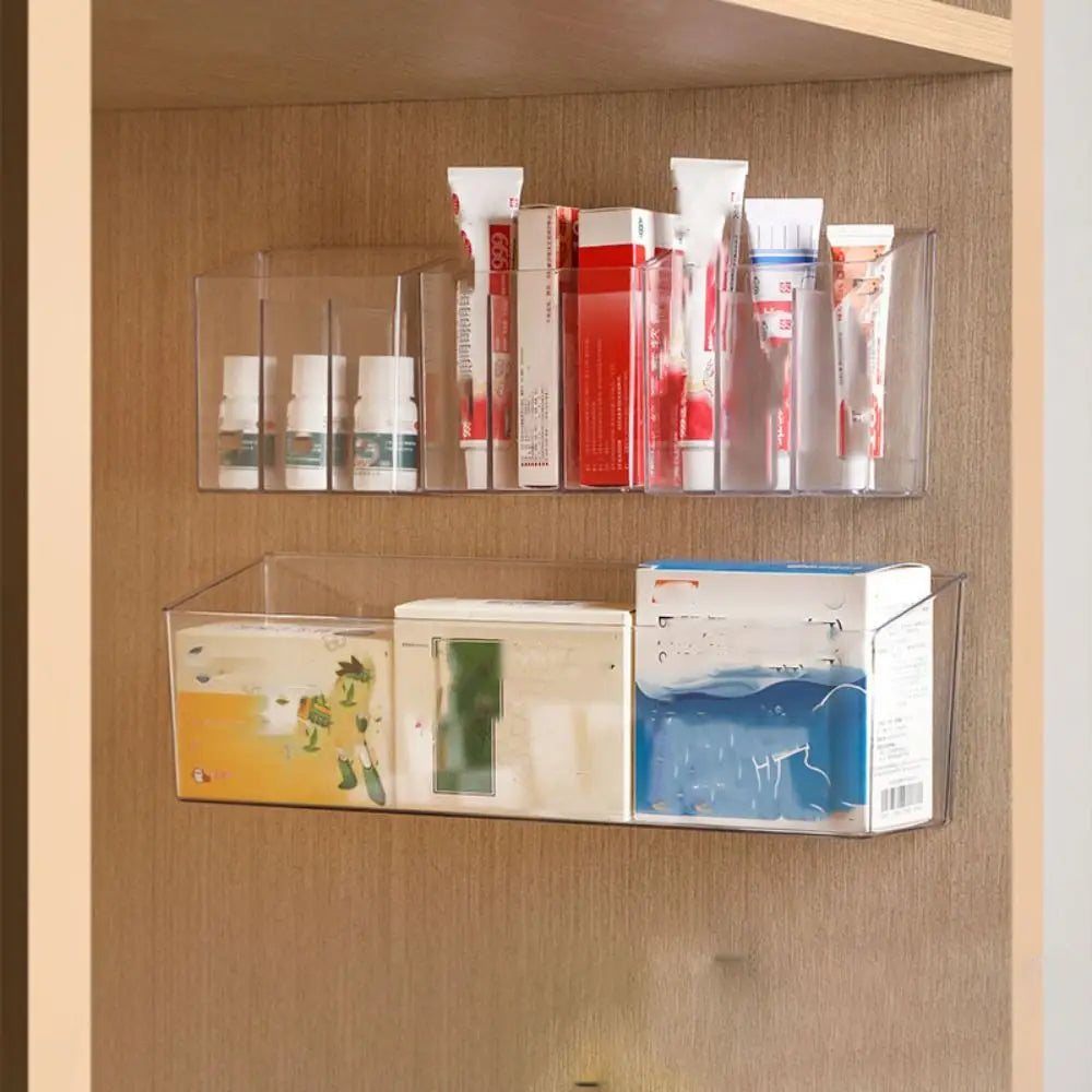 boîtes rangement murales transparentes adhésives modernes organisation cosmétiques médicaments brosse dents maquillage élégantes efficaces
