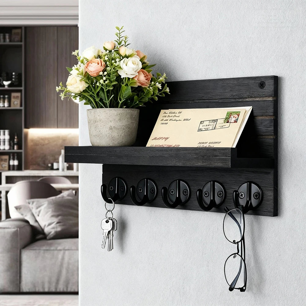 porte clés mural bois étagère moderne vis fixations plantes artificielles cartes postales clés lunettes
