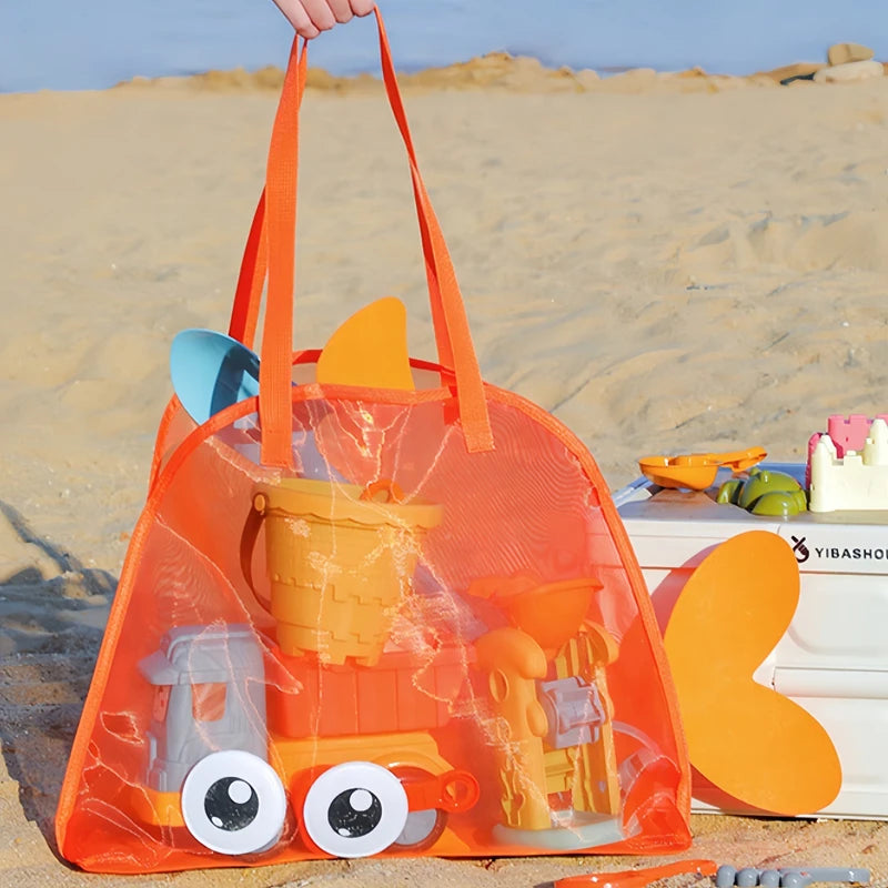 sac plage polyestère réutilisable orange vert bleu noir poisson transparent enfant pelle seau jouets