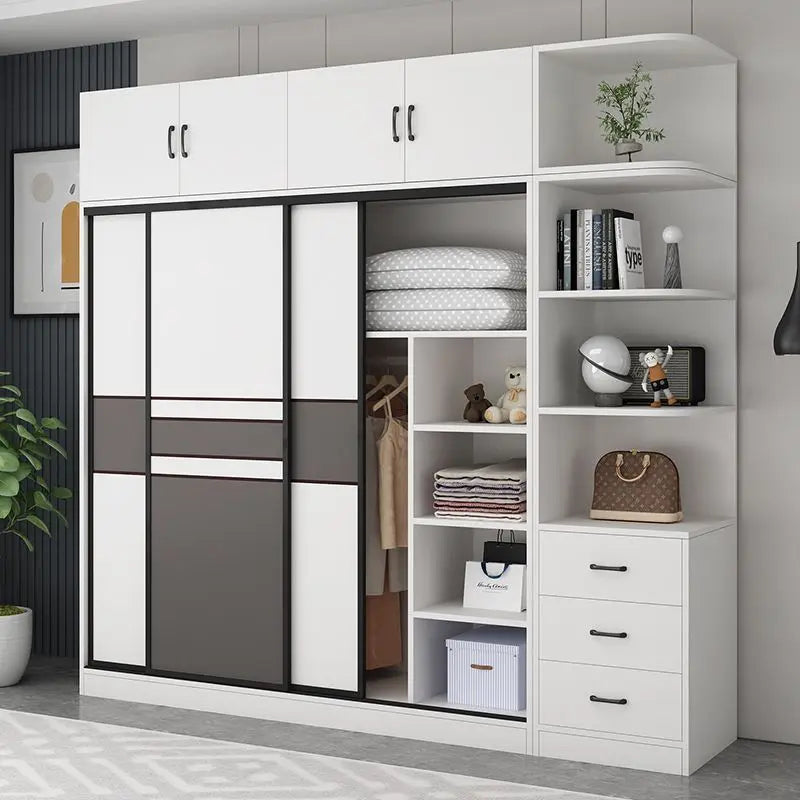 armoire moderne minimaliste blanc gris panneaux rectangulaires vêtements suspendus boîtes rangement jouets poignées porte