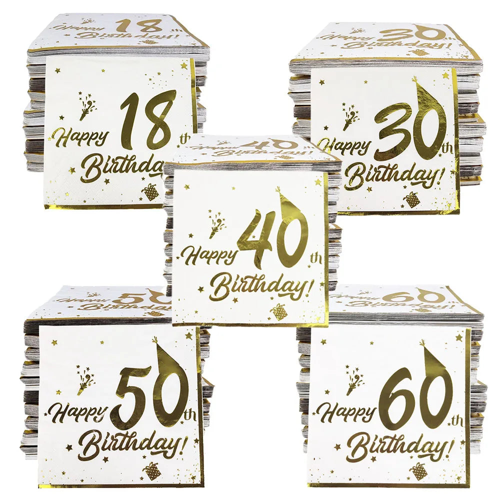 serviettes papier blanc doré anniversaire chiffres étoiles ballons textes festives 18 20 30 40