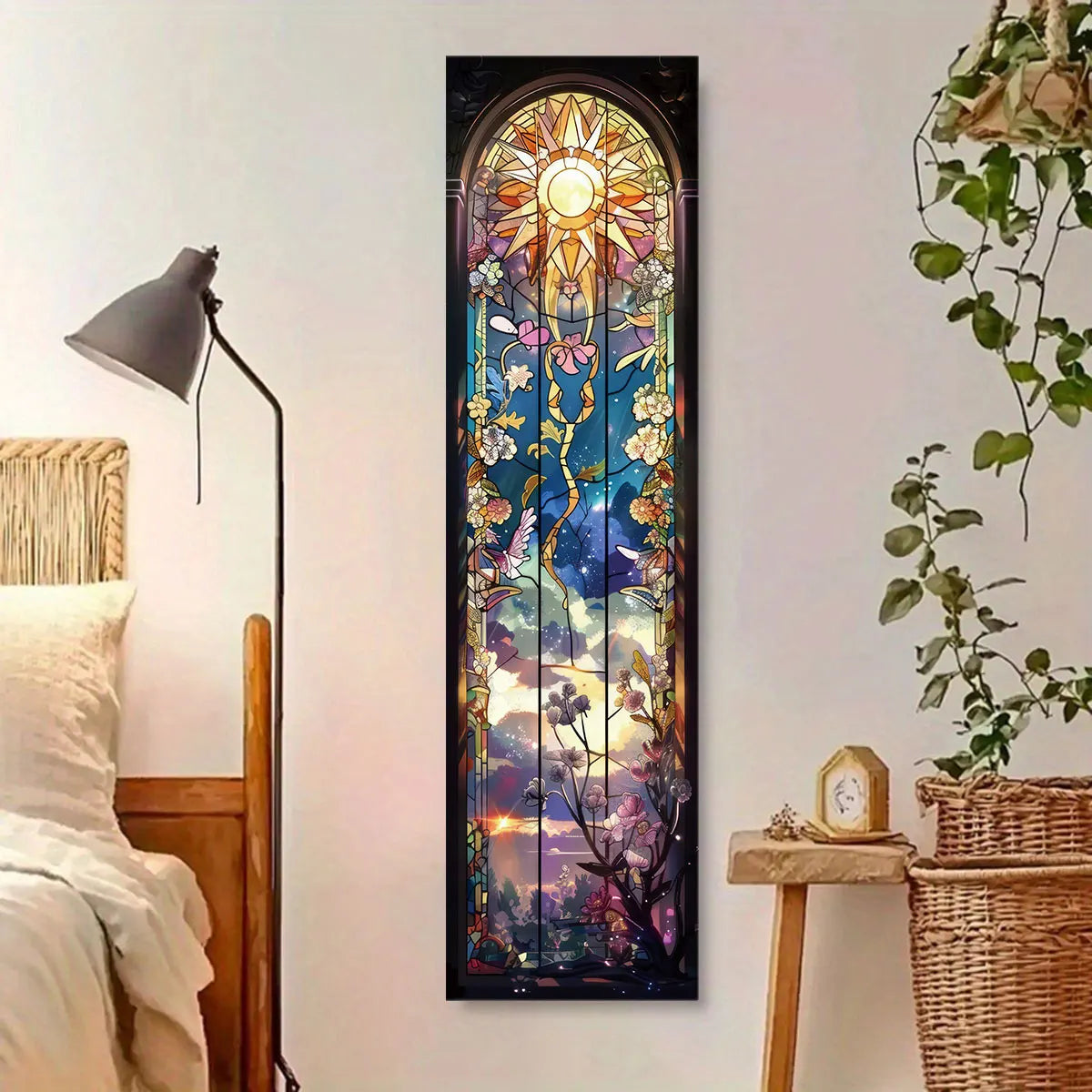tapisserie murale décoration chambre rectangle floral paysage nocturne soleil étoiles bleu nuit violet rose