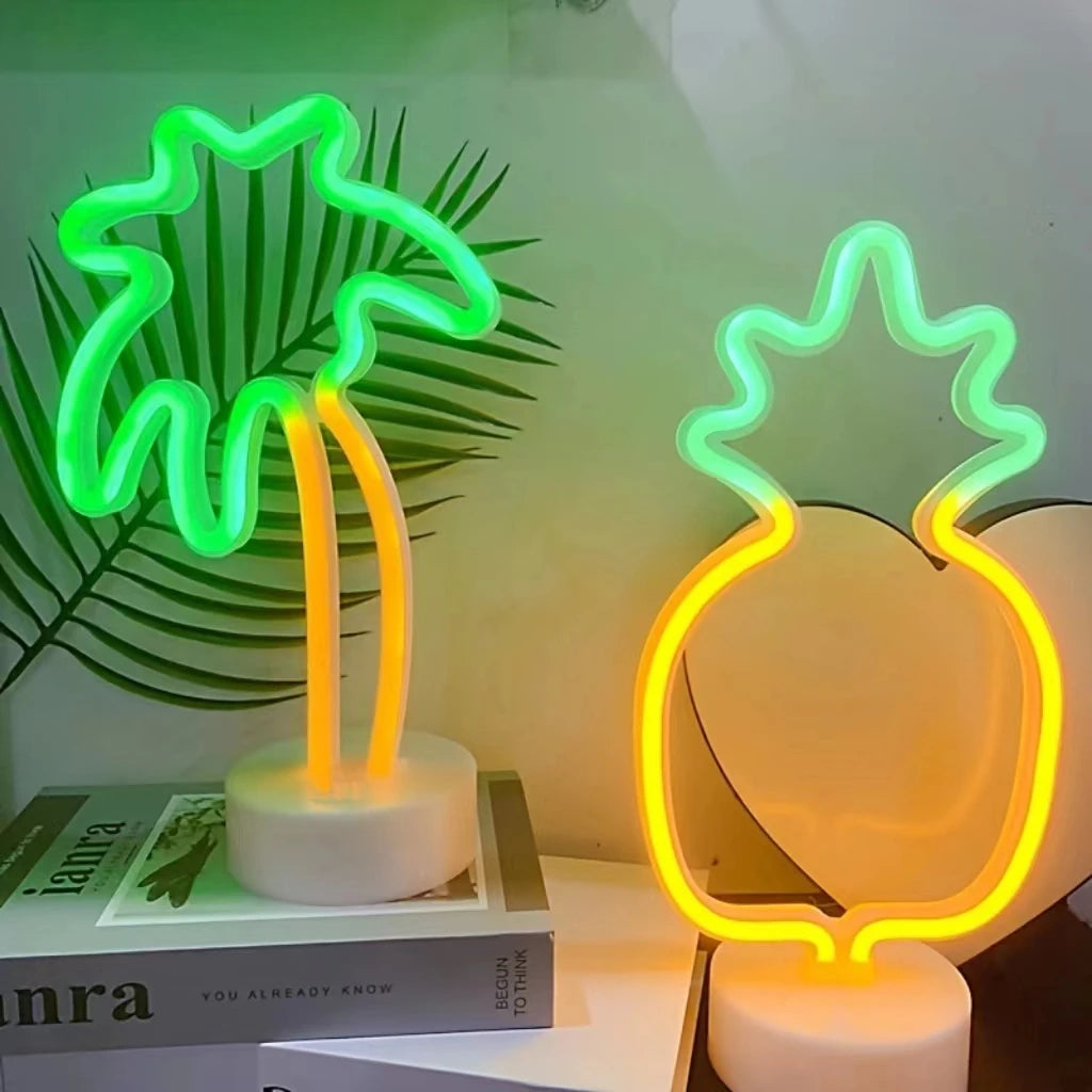 lampe néon vert cactus moderne décoration intérieure base circulaire dinosaure pineapple trèfle