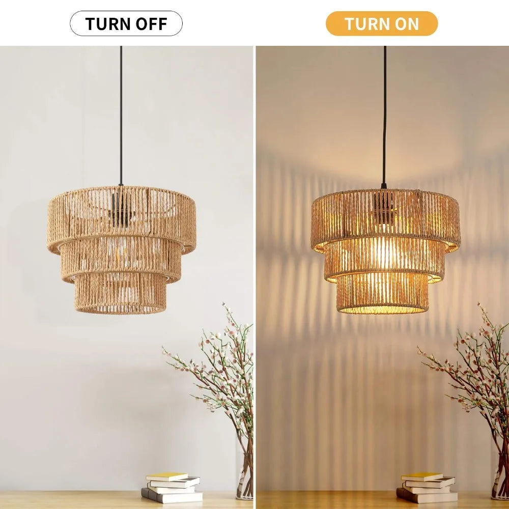 Suspension lumineuse tressée bambou moderne boho chic naturel noir fixée câble