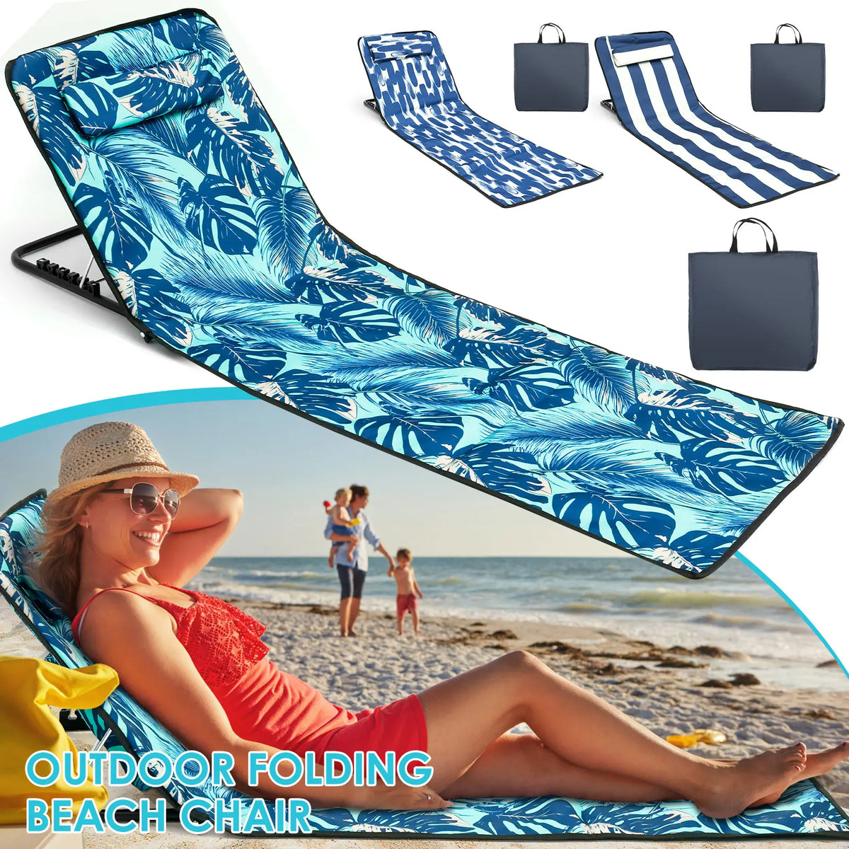 chaise plage pliante bleu vert feuilles tropicales moderne confortable sac transport