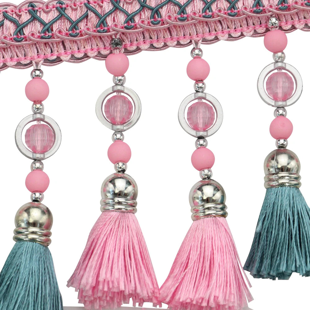 franges perlées bicolores tissu décoratif rideau bordure élégante tressées turquoise bleu rose