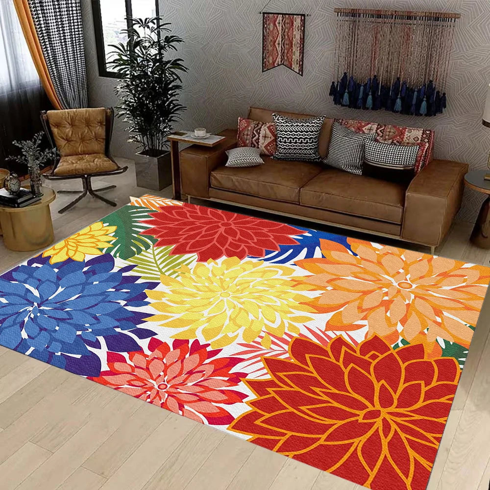 tapis moderne fleurs abstraites orange bleu vert beige extérieur antidérapant polypropylène polyester
