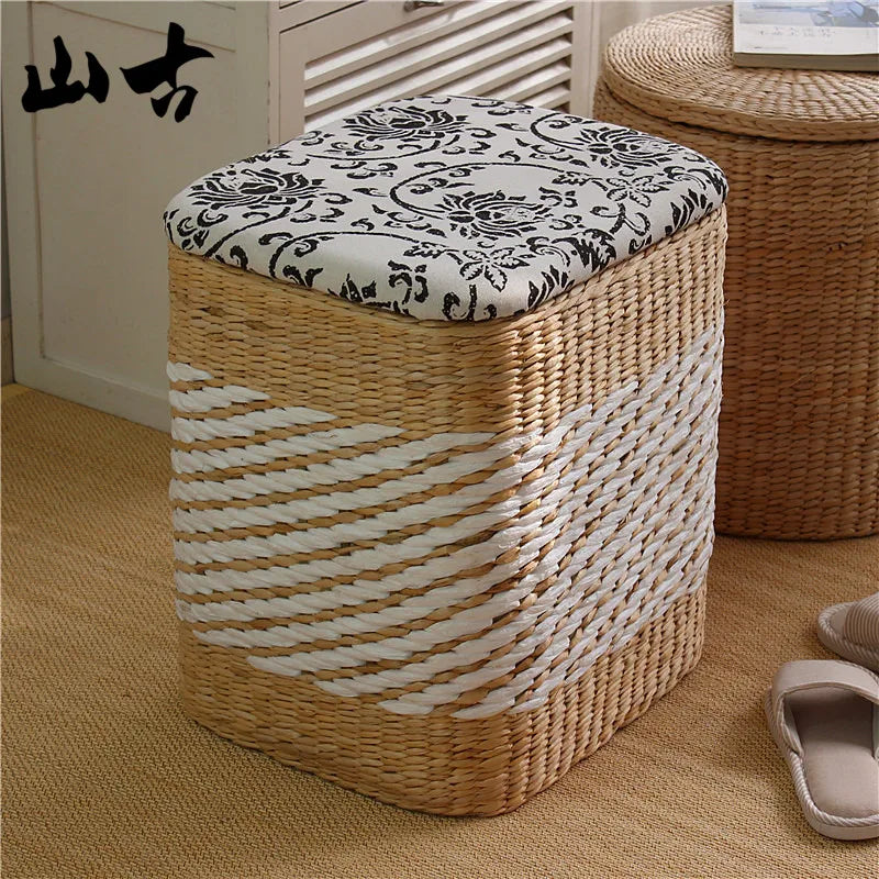 coffre jouets tissu floral noir blanc rustique boho chic coussin amovible poignées métalliques pieds