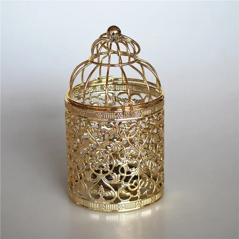 cage oiseaux ornements floraux ajourée artisanale élégante anneaux suspendus décoration maison or argent noir