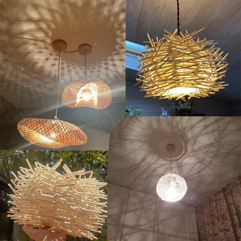 suspension lumineuse bois tressée moderne ampoule led câble électrique chambre salon