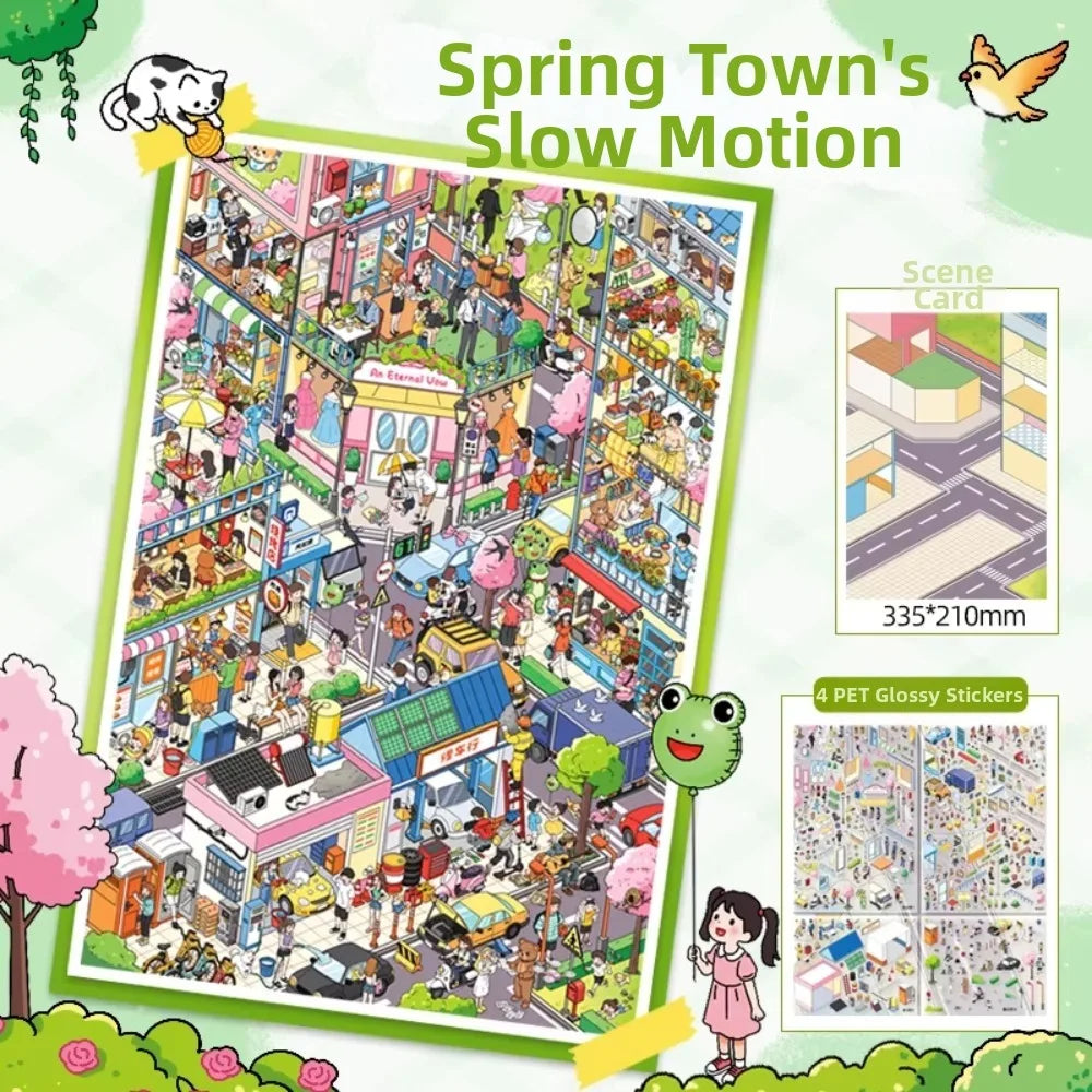 puzzle 3d multicolore ville animée personnages bâtiments scènes textes artistique opacité grande taille détaillé