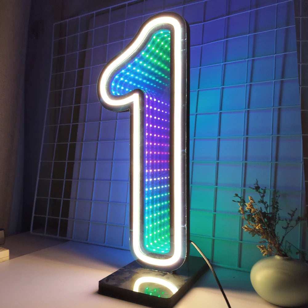 lumière numérique led numéro bleu vert blanche moderne rayures colorées base détachable fête événement