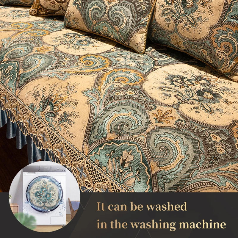 Cette élégante couverture tissée de motifs floraux et de volutes sophistiquées peut être lavée en machine.