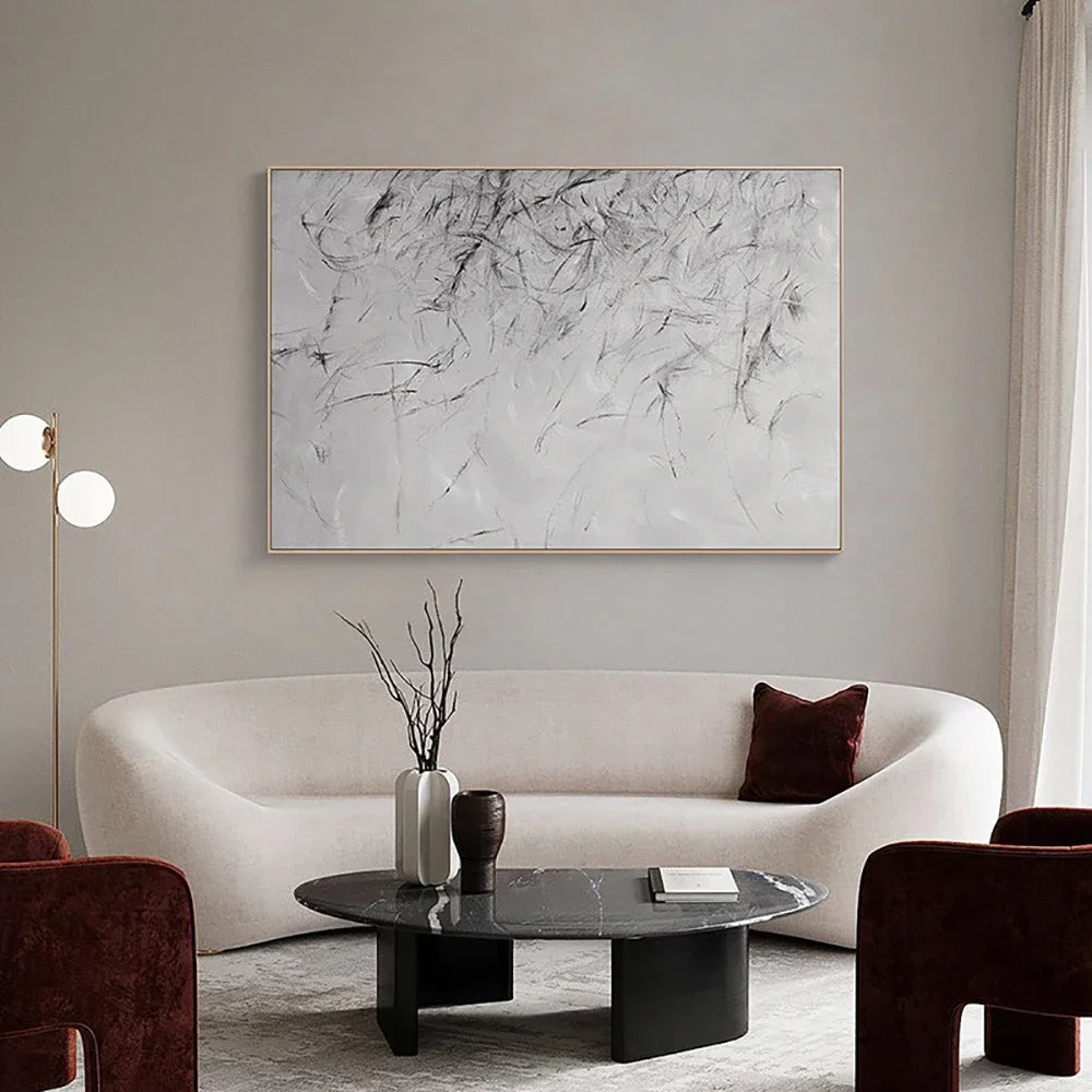 tableau abstrait moderne peinture toile blanche gris noir lignes horizontales sans cadre