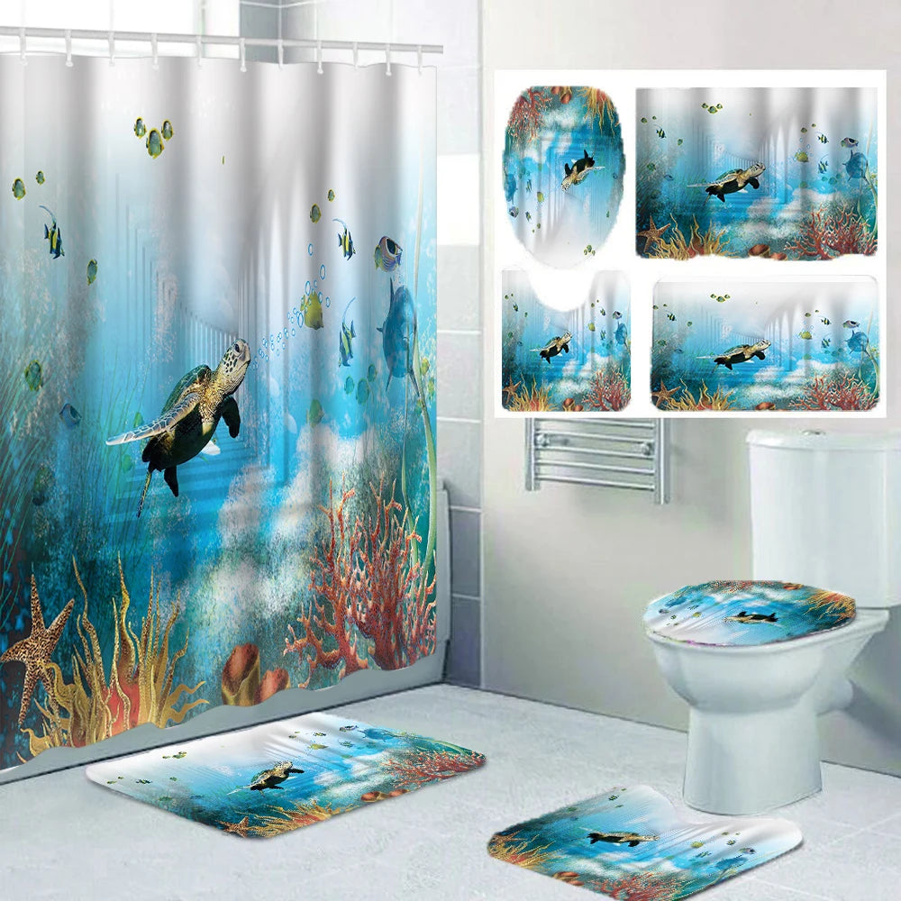 rideau douche motif marine tapis bain couvercle toilette poissons coraux