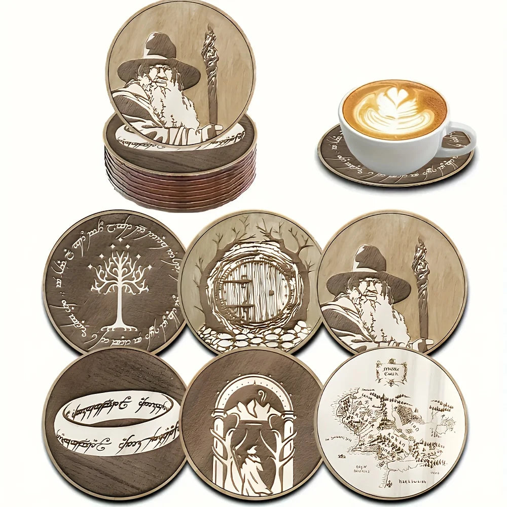 coasters bois marron clair gravés personnages arbre anneaux fantasy protection meuble