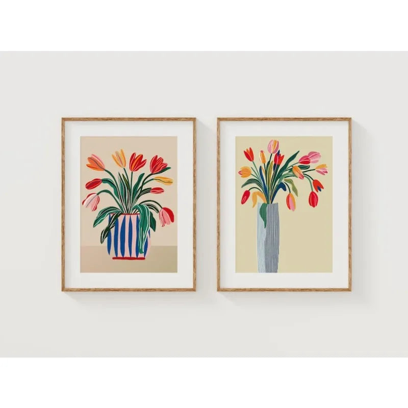 affiche moderne tulipes vase rayé salon chambre toile imprimée sans cadre couleurs vives unique