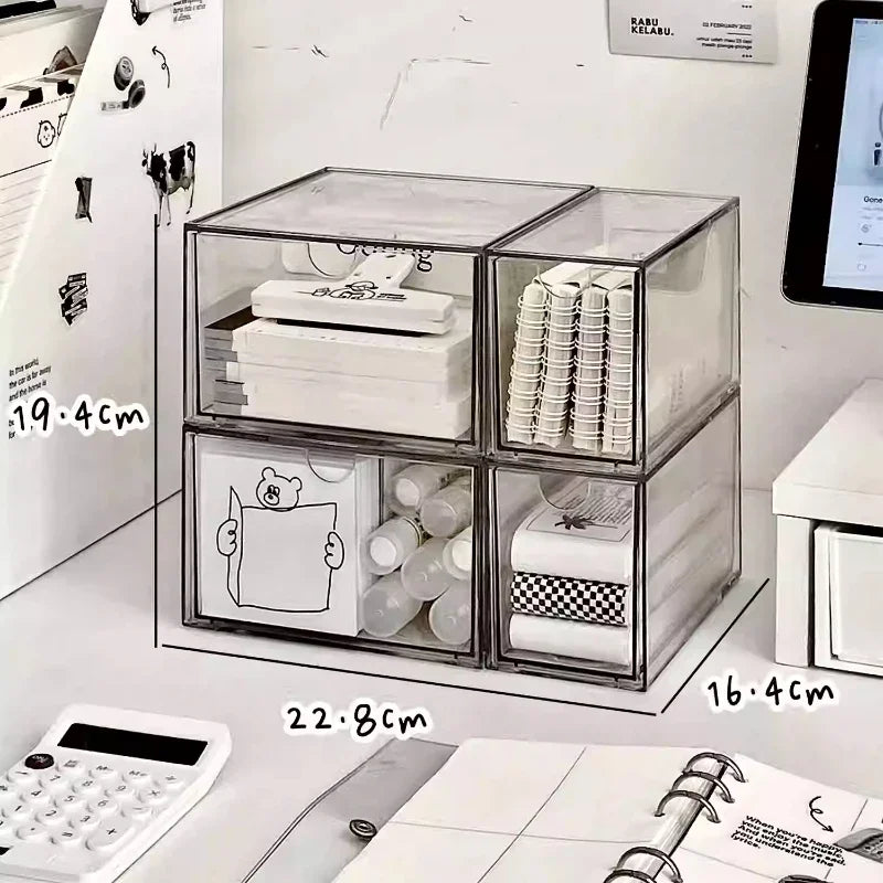 boîtes rangement acrylique transparentes empilables stationnerie cosmétiques maquillage moderne minimaliste respectueux environnement