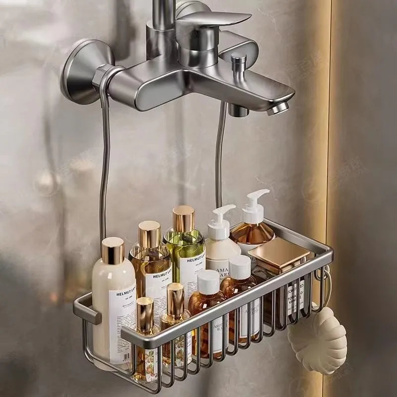 organisateur salle bain suspendu panier métallique noir argenté moderne minimaliste douche rangement echangereusable