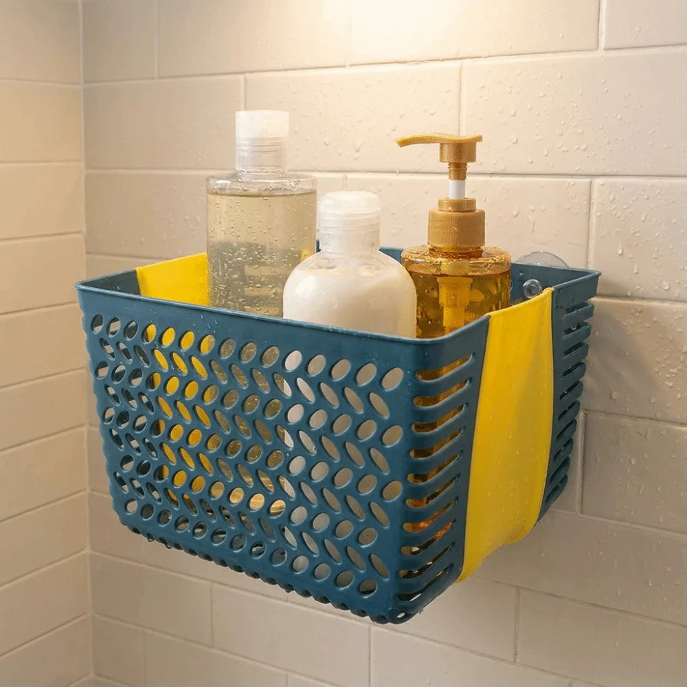 panier suspendu perforé moderne serviettes lunettes flacons rangement piscine bleu turquoise jaune blanc