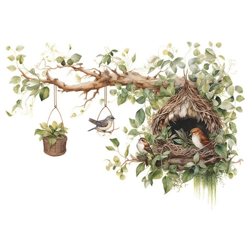 décoration murale sticker plantes oiseau nid branches feuilles naturel rustique adhésif salon chambre