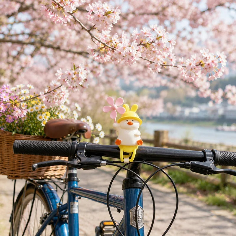 jouet canard jaune oreilles lapin moulin vent rose clip fixation guidon vélo enfantin