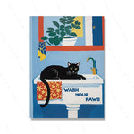 toile d'art illustration chats salle bain moderne bleu blanc motifs floraux