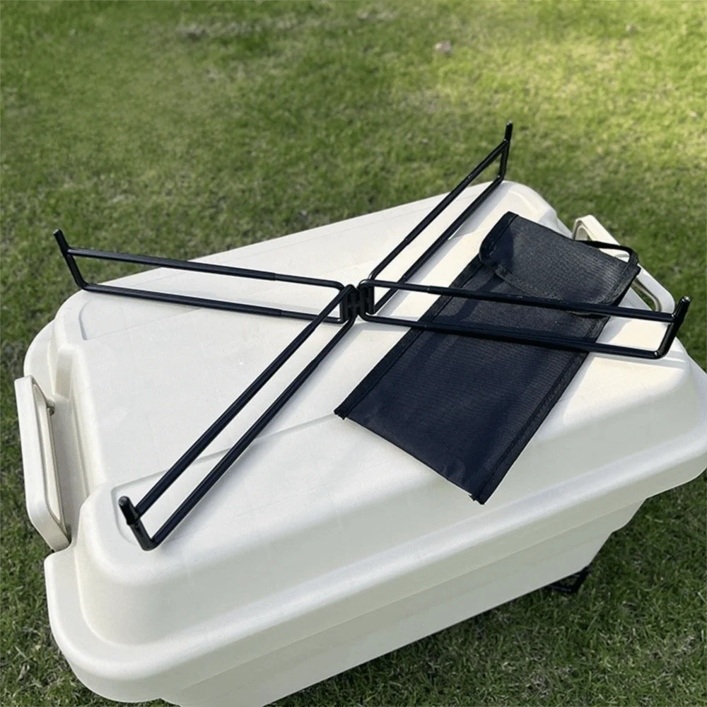 support multifonction pliable structure métallique noire boîte plastique blanche rangement camping utilitaireextérieur