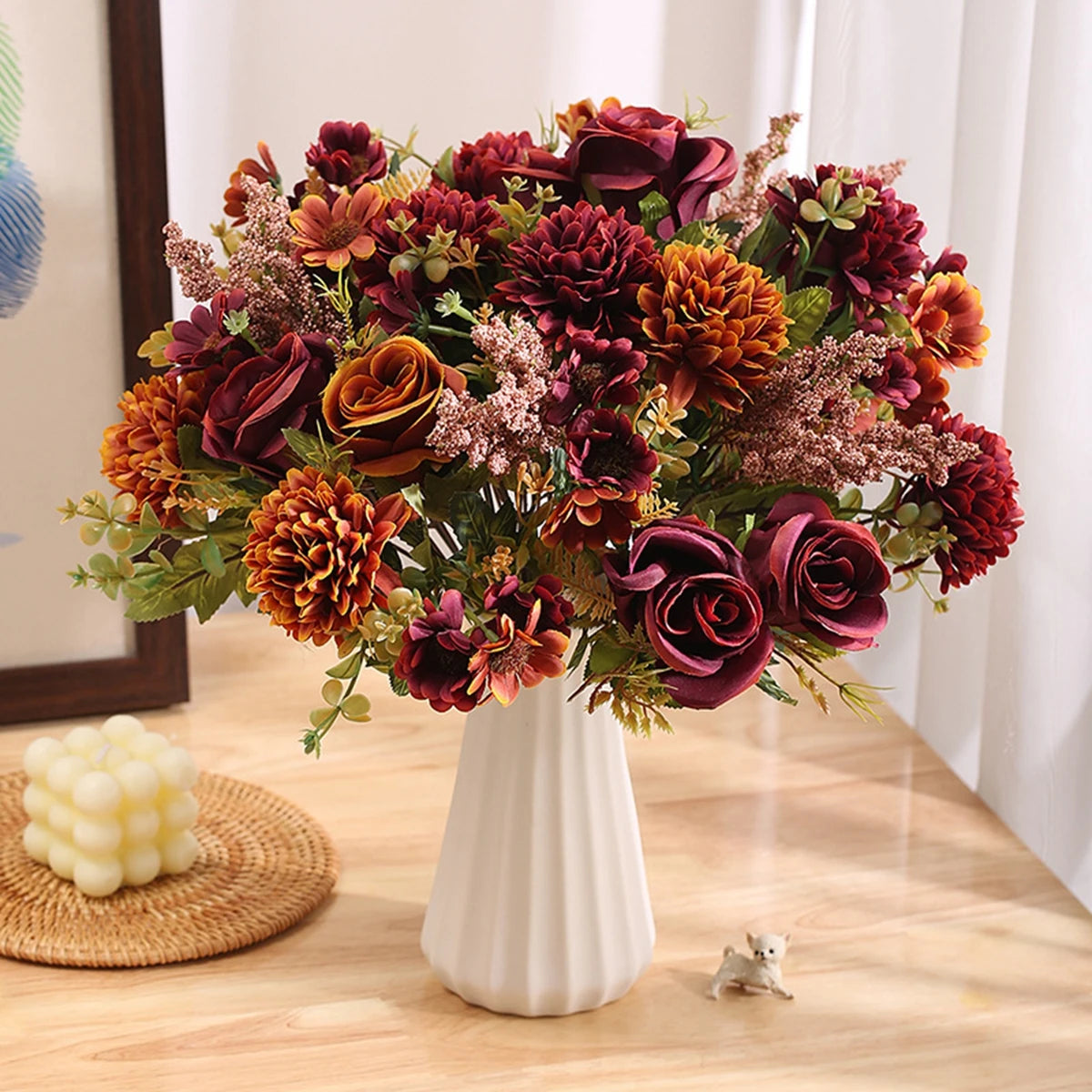 bouquet fleurs artificielles roses classiques intérieur mariage anniversaire décoration vase blanc