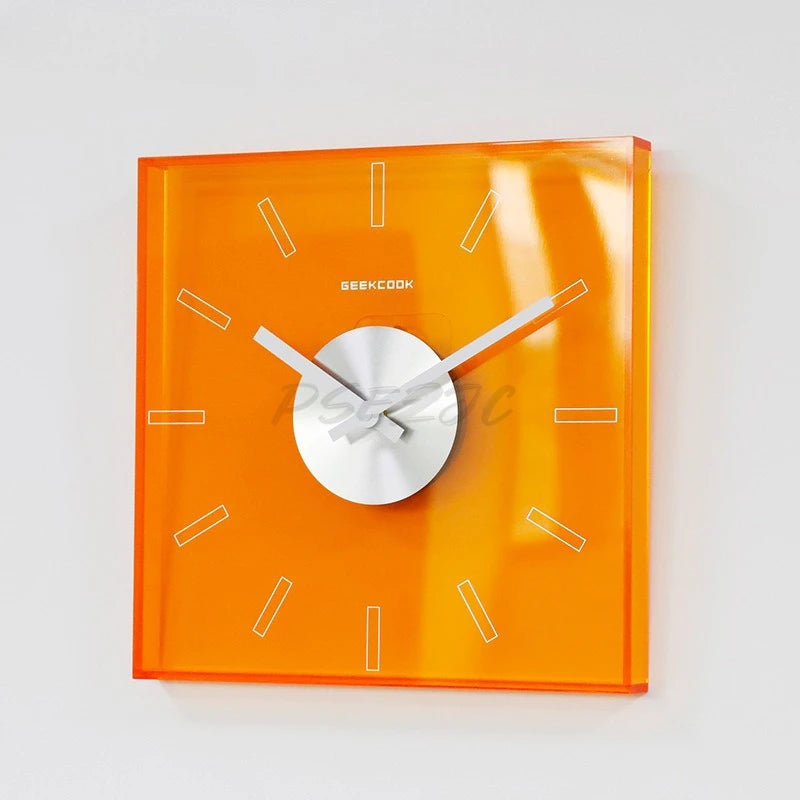 horloge murale moderne acrylique bleu orange rouge rectangles blancs minimaliste