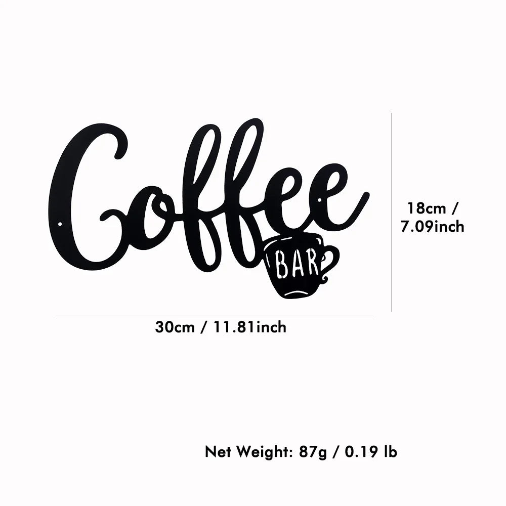 plaque décorative murale moderne coffee bar tasse lettrage stylisé métal noir