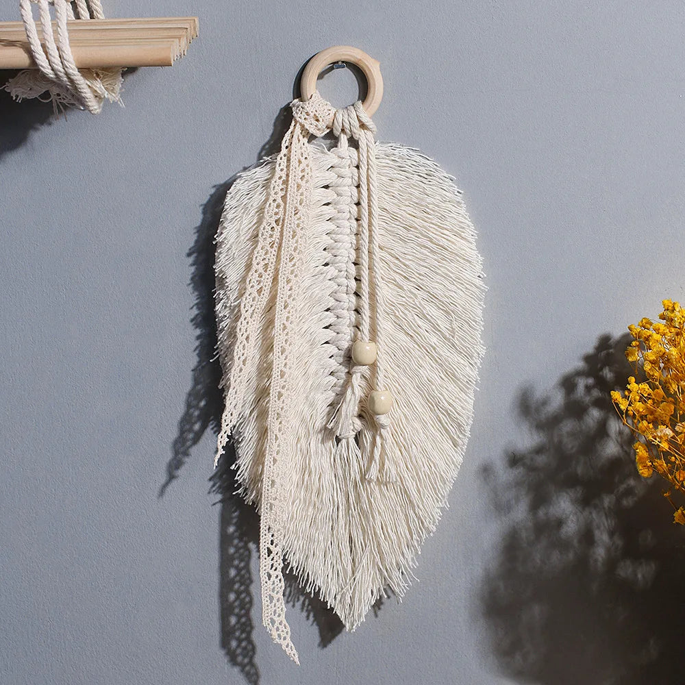 accessoire mural boho chic macramé franges blanc cassé anneau bois suspension chambre salon